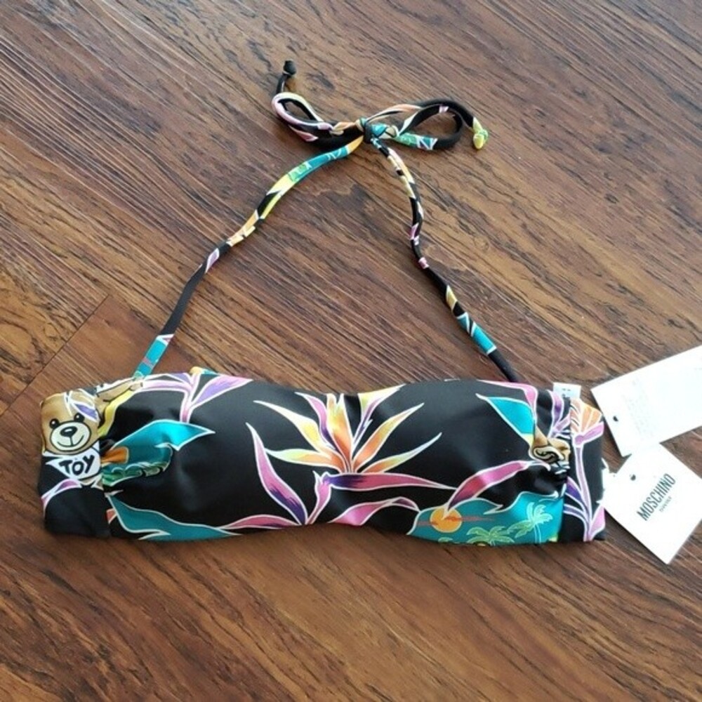Moschino Black Halter Tie Bikini Top Size S New Floral Birds of Paradise Bandeau